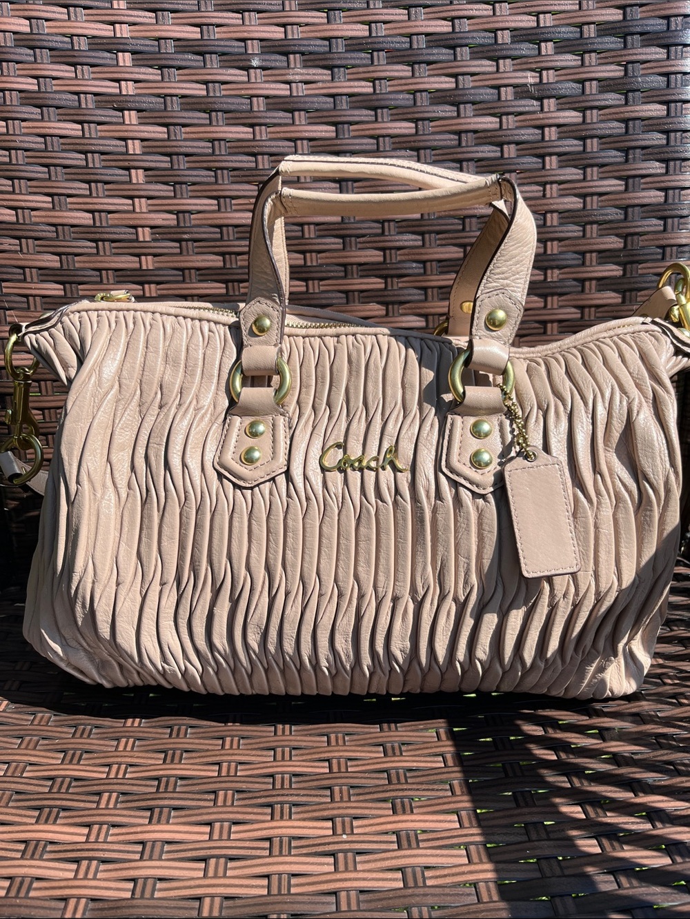 Coach Ashley Pebble-Pleat Satchel in Light Beige